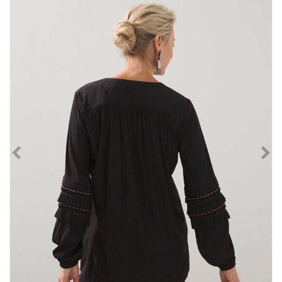 Chicos Black Beaded Ruffle Top 3/4 Sleeve Button Down Pullover Size 8 - Picture 3 of 12